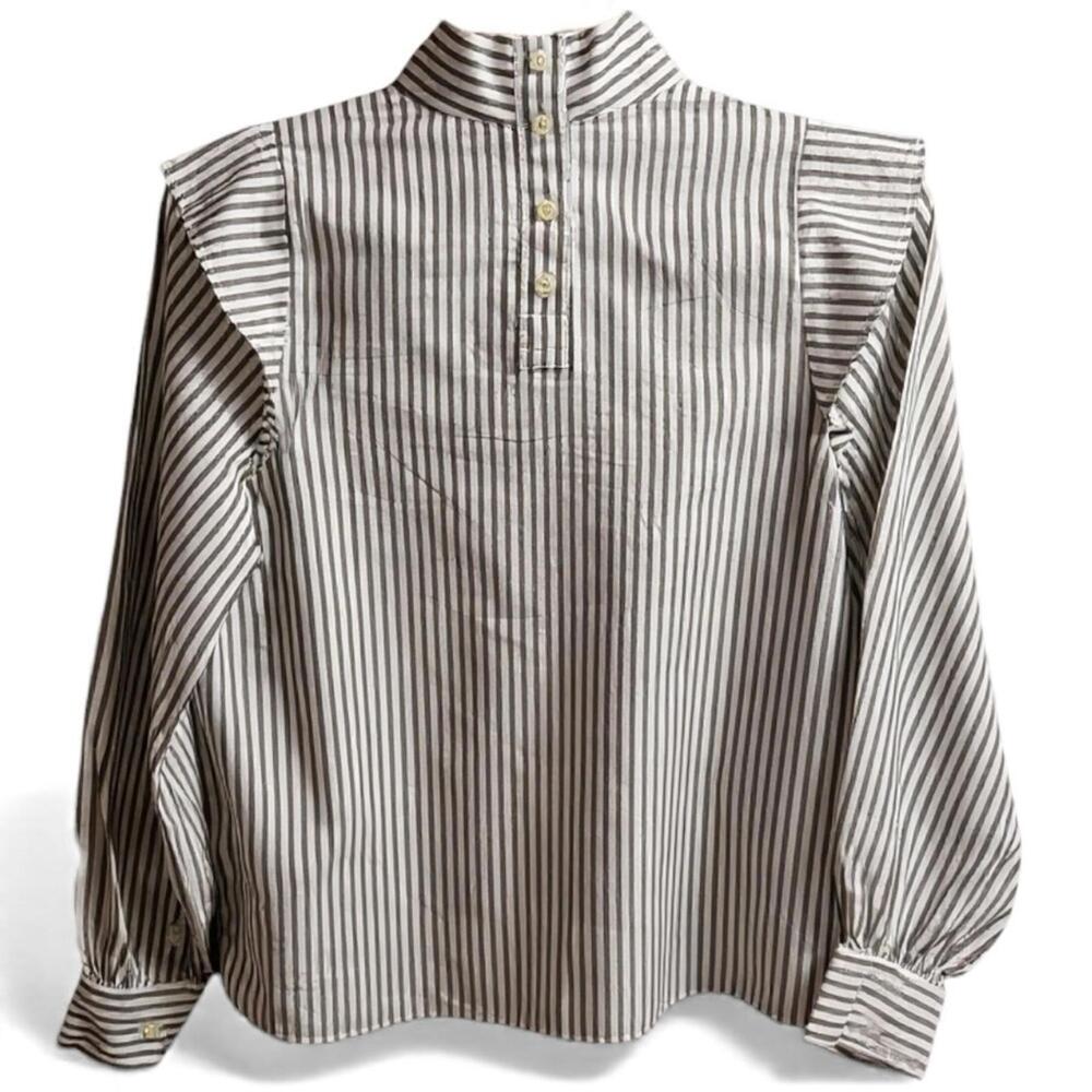 NEW Everlane The Wing-Shoulder Mockneck Top Blouse Pecan White Stripes Size 12 - Picture 5 of 9